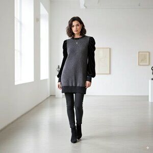 J.ING Charcoal Gray and Black Mini Dress with Puff Velvet Sleeves